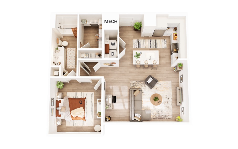 A1 - 1 bedroom floorplan layout with 1 bath and 835 square feet.