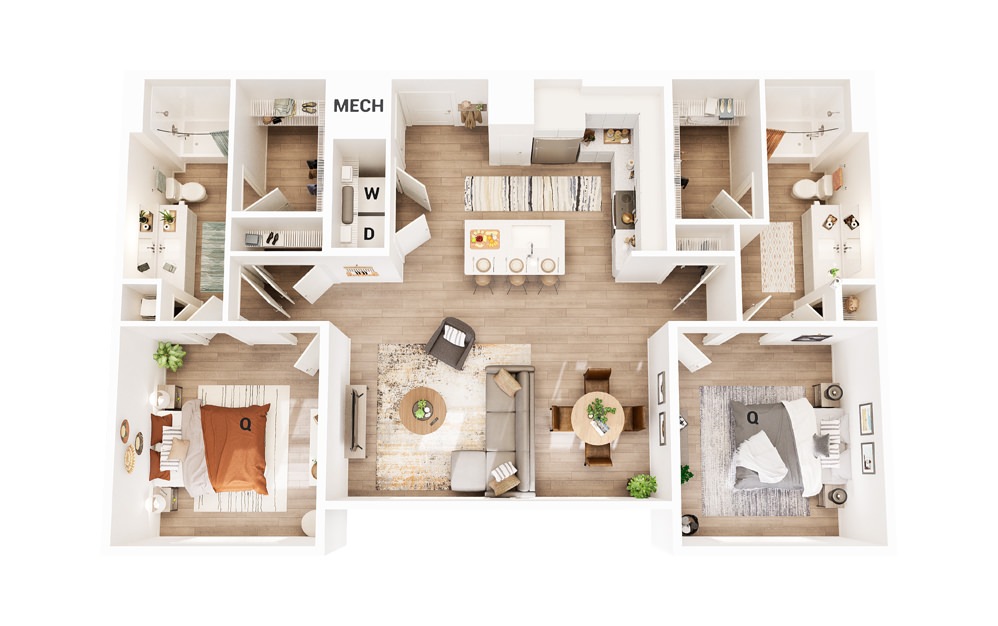 B1 - 2 bedroom floorplan layout with 2 baths and 1180 square feet.